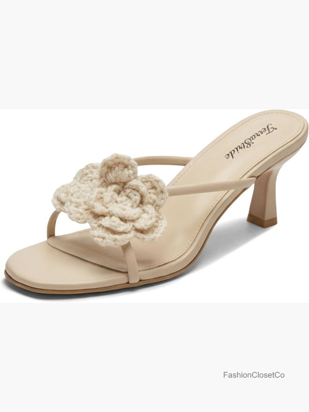 Crochet Floral Kitten Heel Mules - Open Toe Slip-On Party Sandals